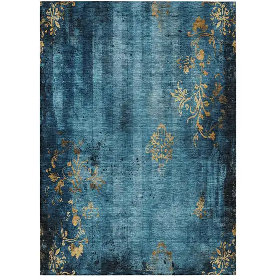 Blue And Gold Floral Washable Indoor Outdoor Area Rug Photo 9