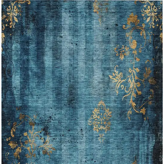 Blue And Gold Floral Washable Indoor Outdoor Area Rug Photo 8