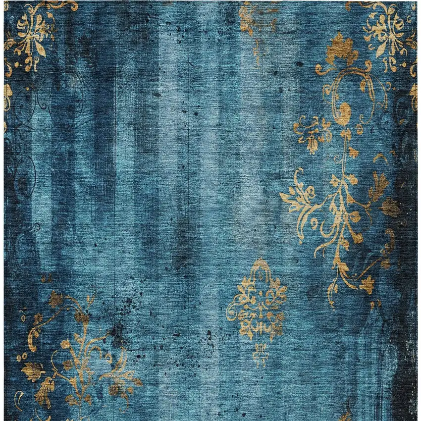 Blue And Gold Floral Washable Indoor Outdoor Area Rug Photo 8