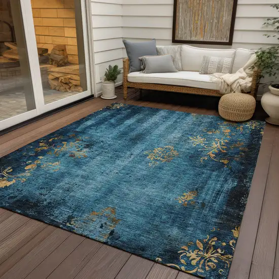 Blue And Gold Floral Washable Indoor Outdoor Area Rug Photo 5