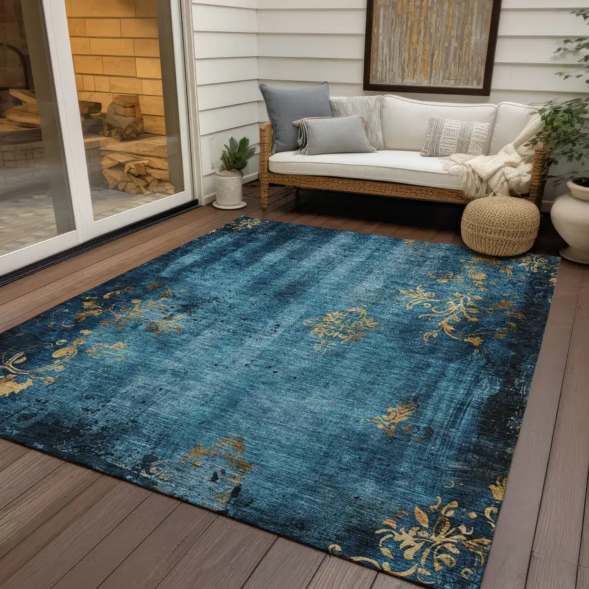 Blue And Gold Floral Washable Indoor Outdoor Area Rug Photo 5