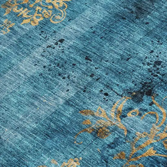 Blue And Gold Floral Washable Indoor Outdoor Area Rug Photo 4