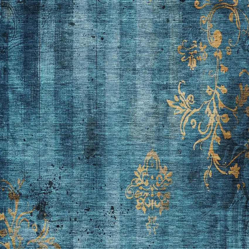 Blue And Gold Floral Washable Indoor Outdoor Area Rug Photo 7