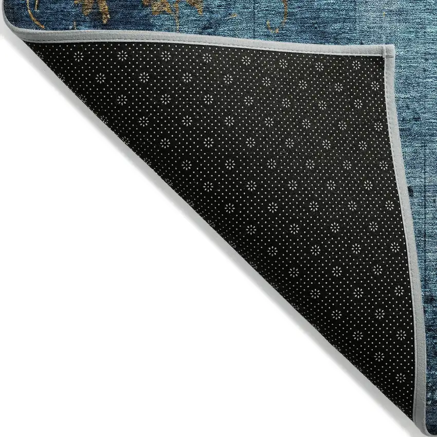 Blue And Gold Floral Washable Indoor Outdoor Area Rug Photo 9