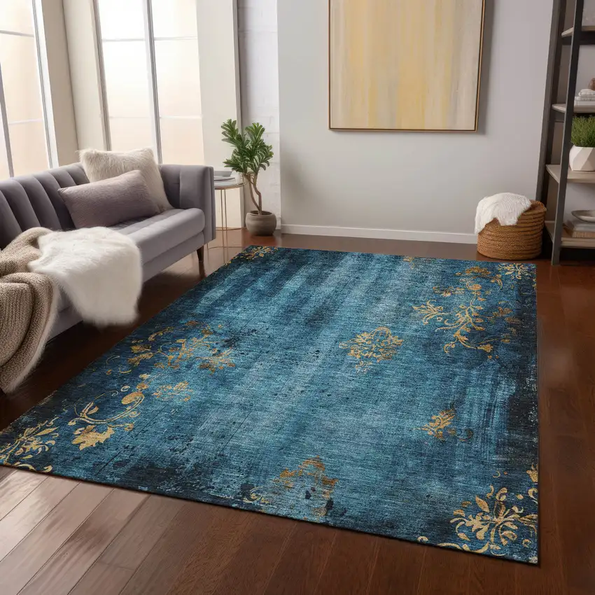 Blue And Gold Floral Washable Indoor Outdoor Area Rug Photo 6