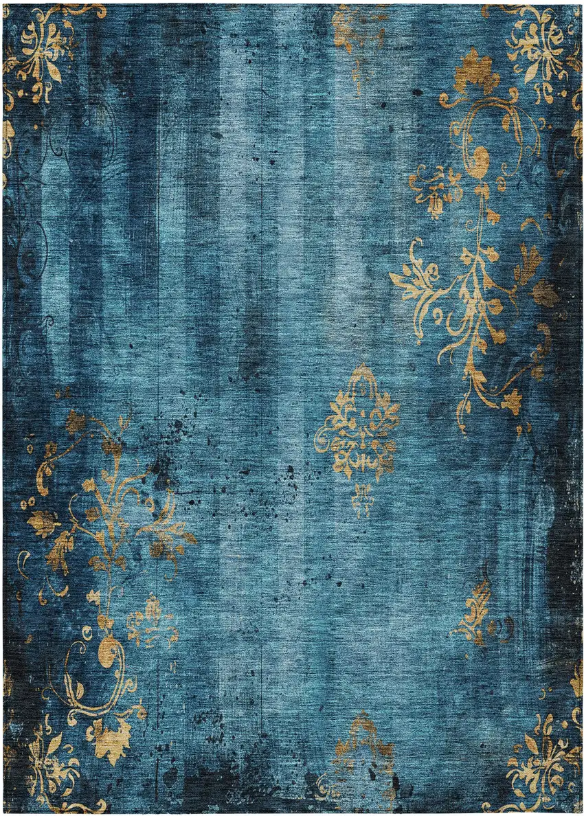 Blue And Gold Floral Washable Indoor Outdoor Area Rug Photo 8