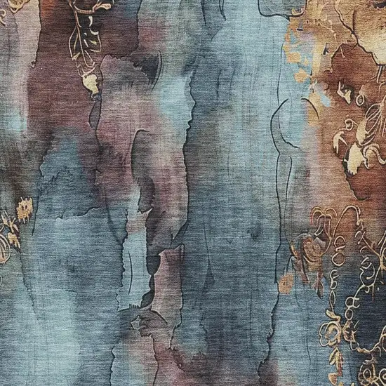 Blue And Gold Floral Washable Indoor Outdoor Area Rug Photo 3