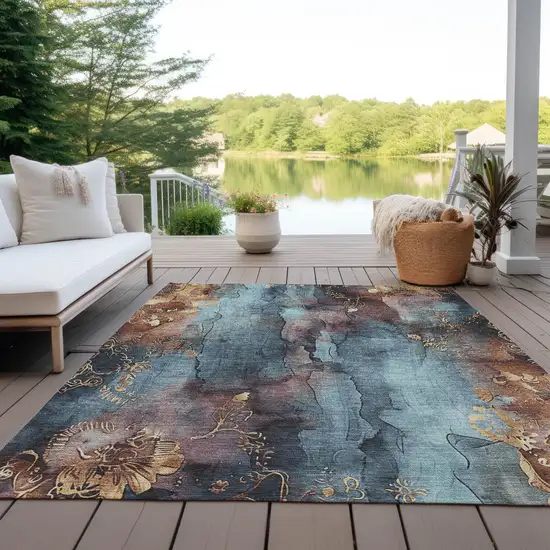 Blue And Gold Floral Washable Indoor Outdoor Area Rug Photo 4