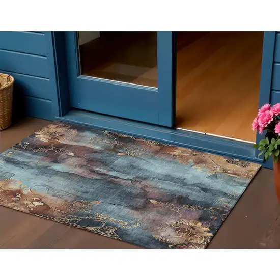 Blue And Gold Floral Washable Indoor Outdoor Area Rug Photo 2