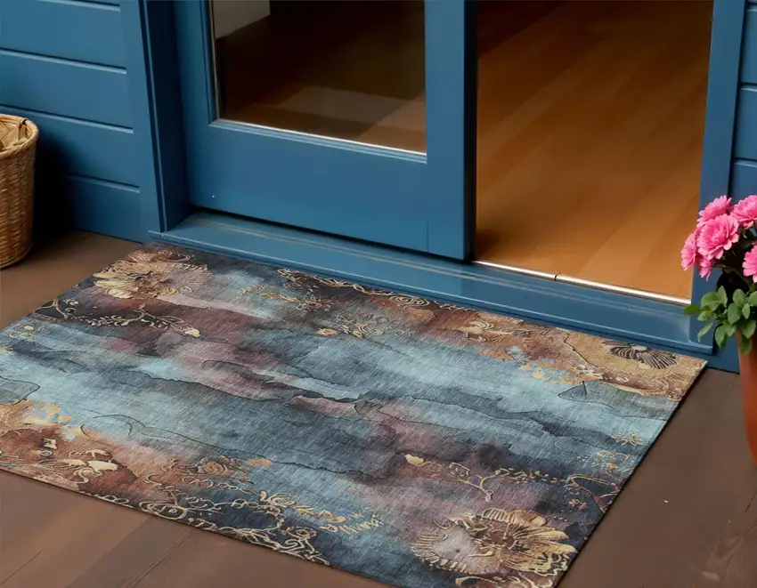 Blue And Gold Floral Washable Indoor Outdoor Area Rug Photo 2