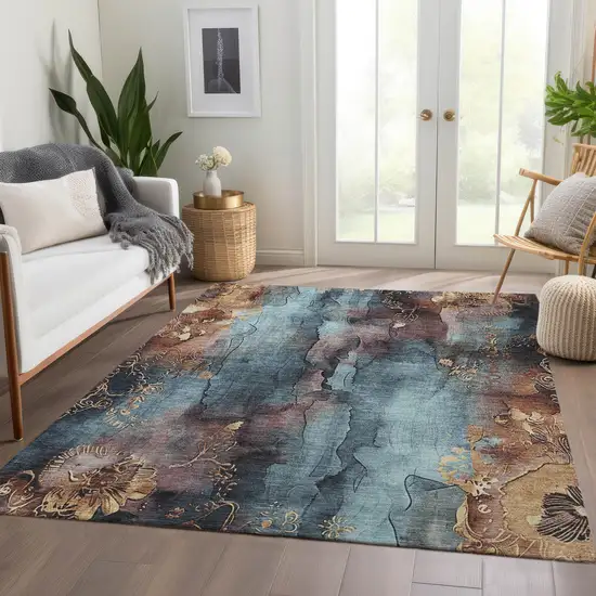 Blue And Gold Floral Washable Indoor Outdoor Area Rug Photo 6