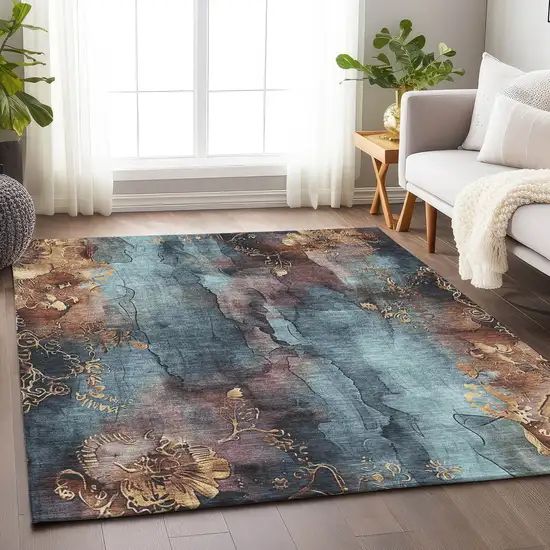 Blue And Gold Floral Washable Indoor Outdoor Area Rug Photo 5