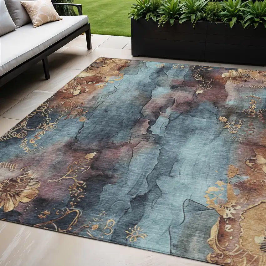 Blue And Gold Floral Washable Indoor Outdoor Area Rug Photo 2