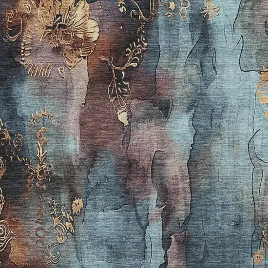 Blue And Gold Floral Washable Indoor Outdoor Area Rug Photo 3