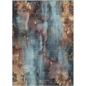 Photo of Blue And Gold Floral Washable Indoor Outdoor Area Rug