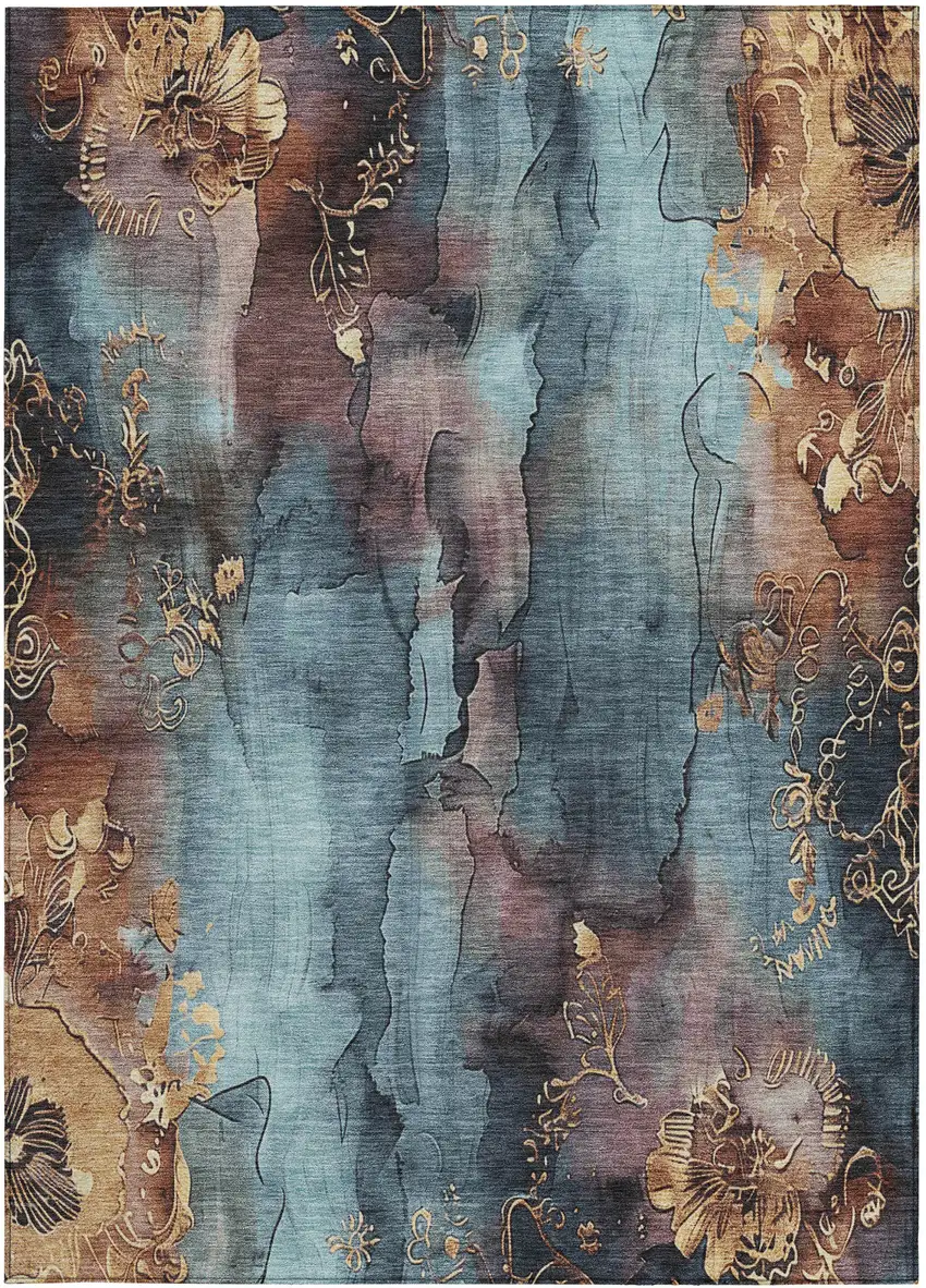 Blue And Gold Floral Washable Indoor Outdoor Area Rug Photo 1