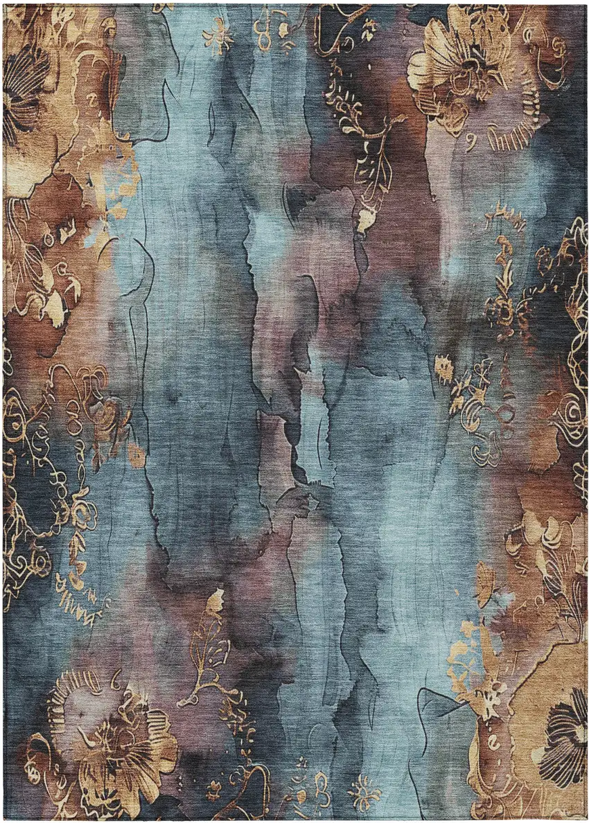 Blue And Gold Floral Washable Indoor Outdoor Area Rug Photo 8