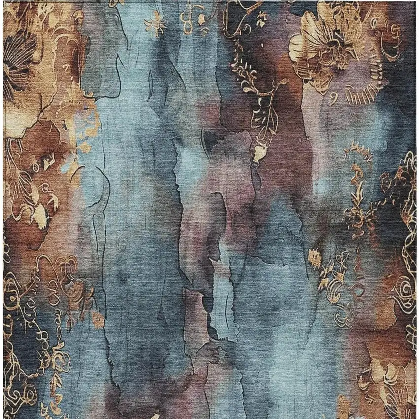 Blue And Gold Floral Washable Indoor Outdoor Area Rug Photo 4