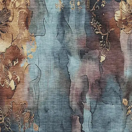 Blue And Gold Floral Washable Indoor Outdoor Area Rug Photo 3