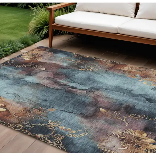 Blue And Gold Floral Washable Indoor Outdoor Area Rug Photo 2