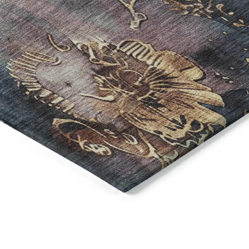 Blue And Gold Floral Washable Indoor Outdoor Area Rug Photo 9