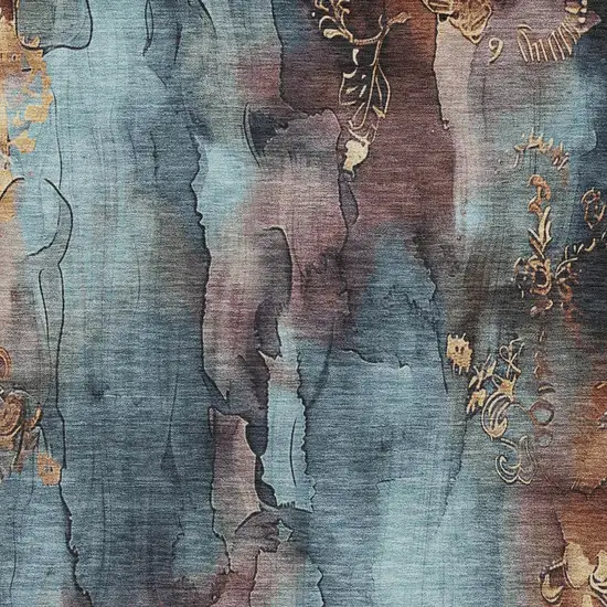 Blue And Gold Floral Washable Indoor Outdoor Area Rug Photo 6