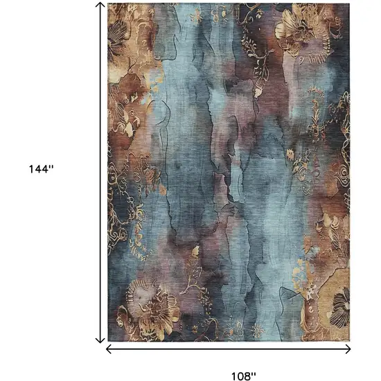Blue And Gold Floral Washable Indoor Outdoor Area Rug Photo 9