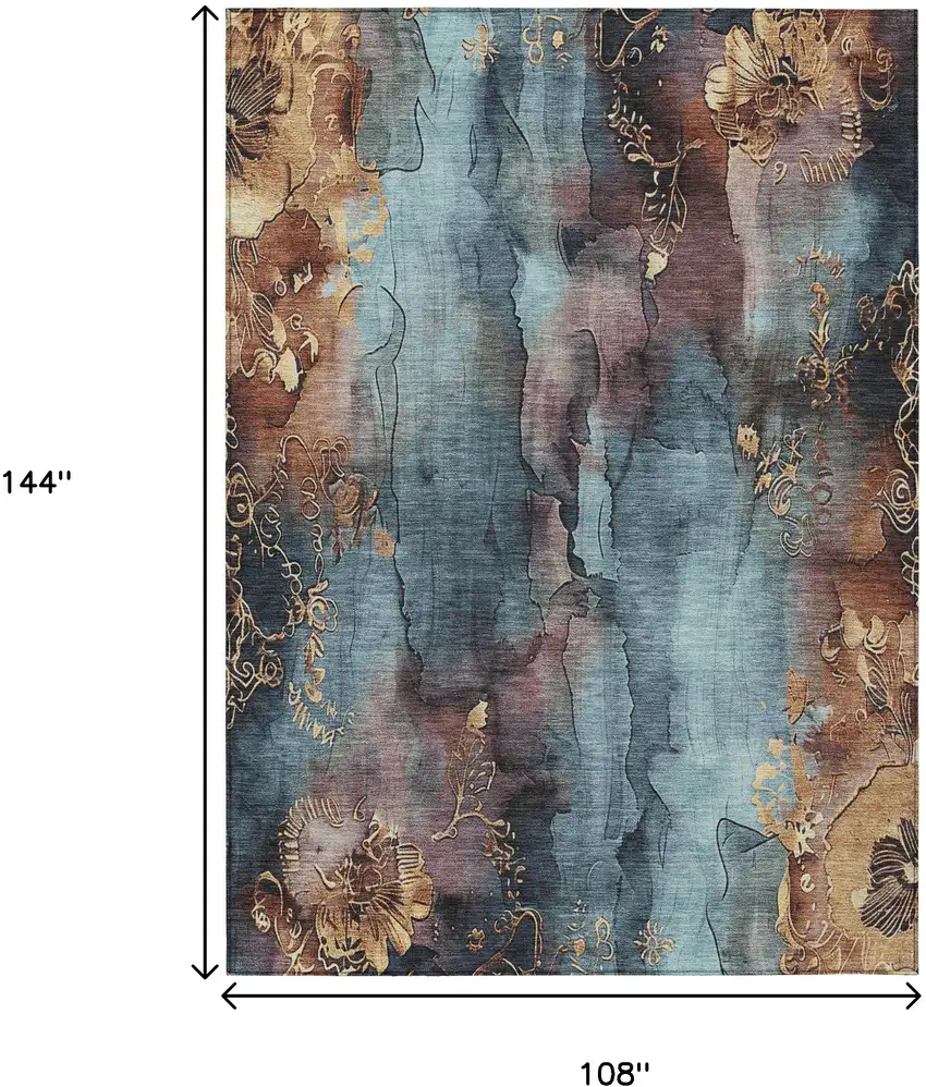 Blue And Gold Floral Washable Indoor Outdoor Area Rug Photo 9