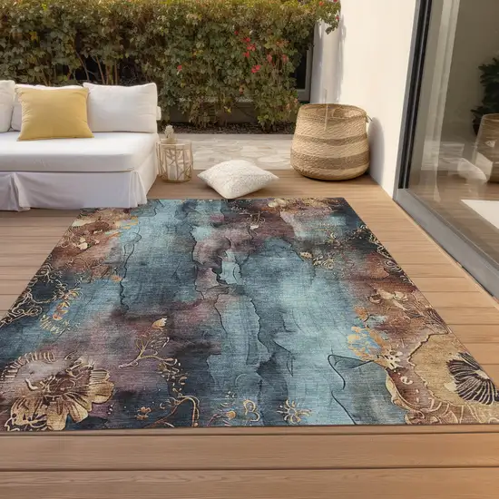 Blue And Gold Floral Washable Indoor Outdoor Area Rug Photo 7