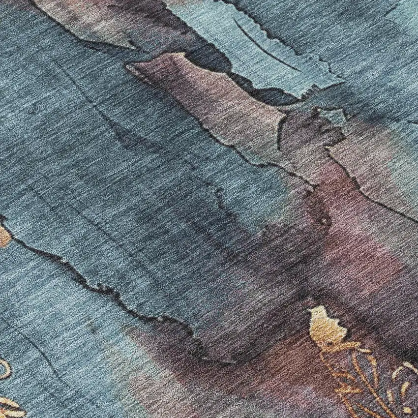 Blue And Gold Floral Washable Indoor Outdoor Area Rug Photo 9