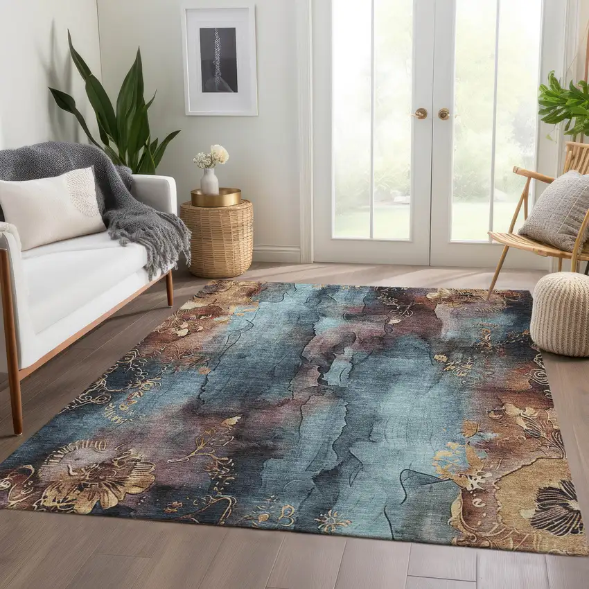 Blue And Gold Floral Washable Indoor Outdoor Area Rug Photo 7