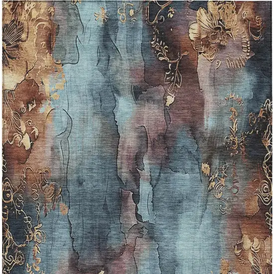 Blue And Gold Floral Washable Indoor Outdoor Area Rug Photo 6