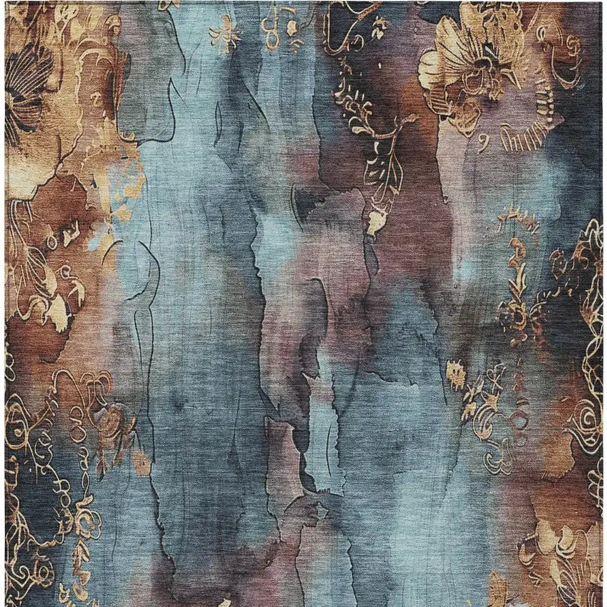 Blue And Gold Floral Washable Indoor Outdoor Area Rug Photo 6