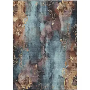 Photo of Blue And Gold Floral Washable Indoor Outdoor Area Rug