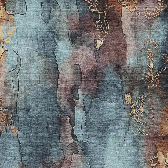 Blue And Gold Floral Washable Indoor Outdoor Area Rug Photo 7