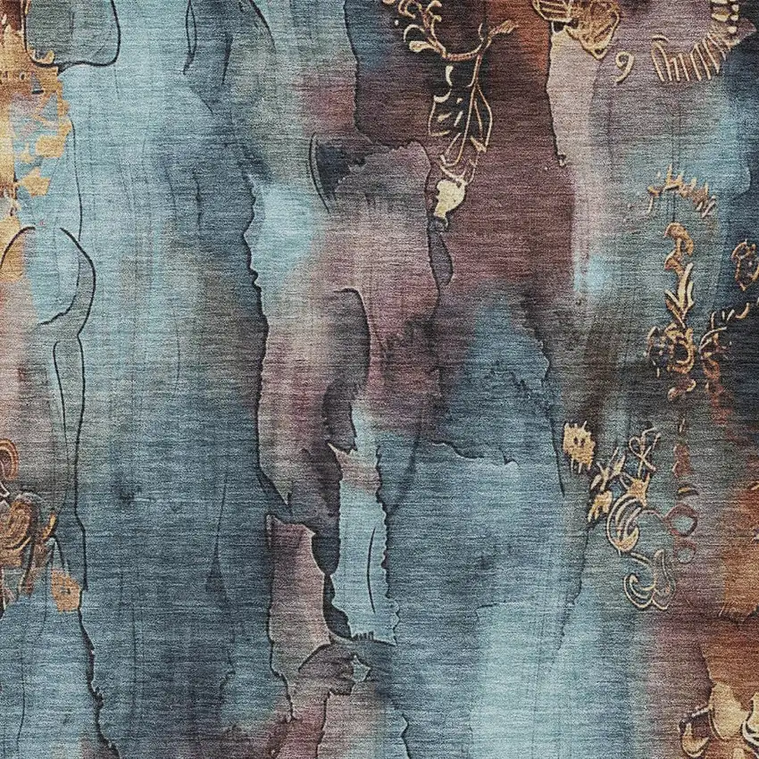 Blue And Gold Floral Washable Indoor Outdoor Area Rug Photo 7