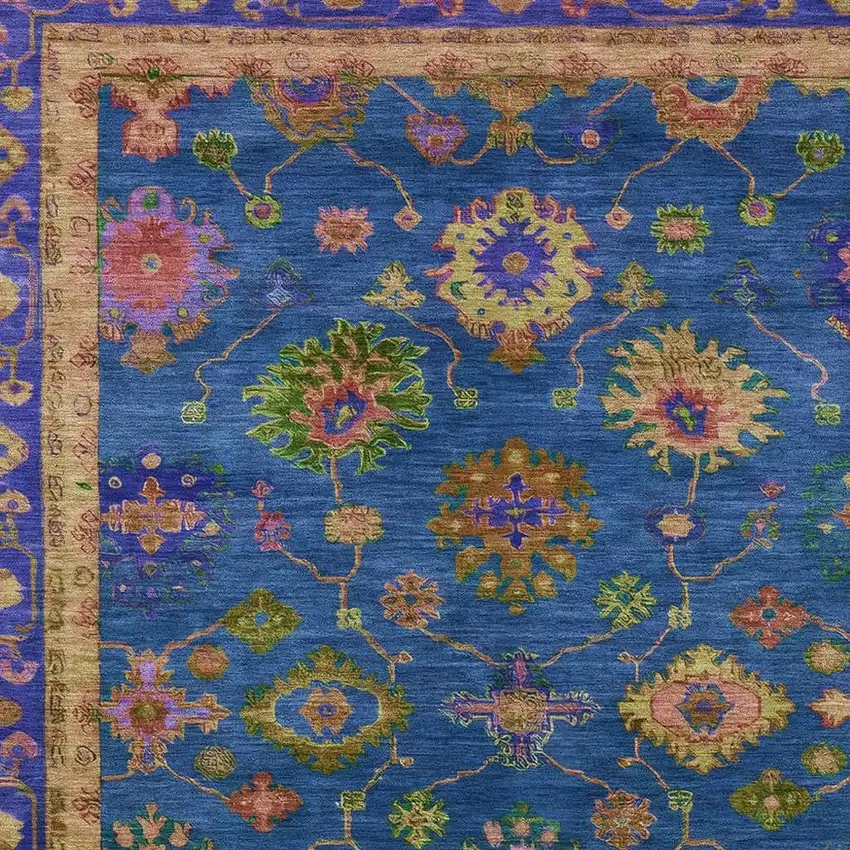 Blue And Gold Floral Washable Indoor Outdoor Area Rug Photo 4