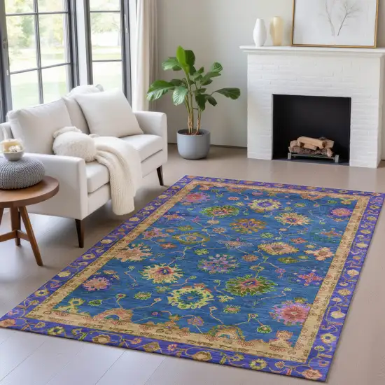 Blue And Gold Floral Washable Indoor Outdoor Area Rug Photo 6