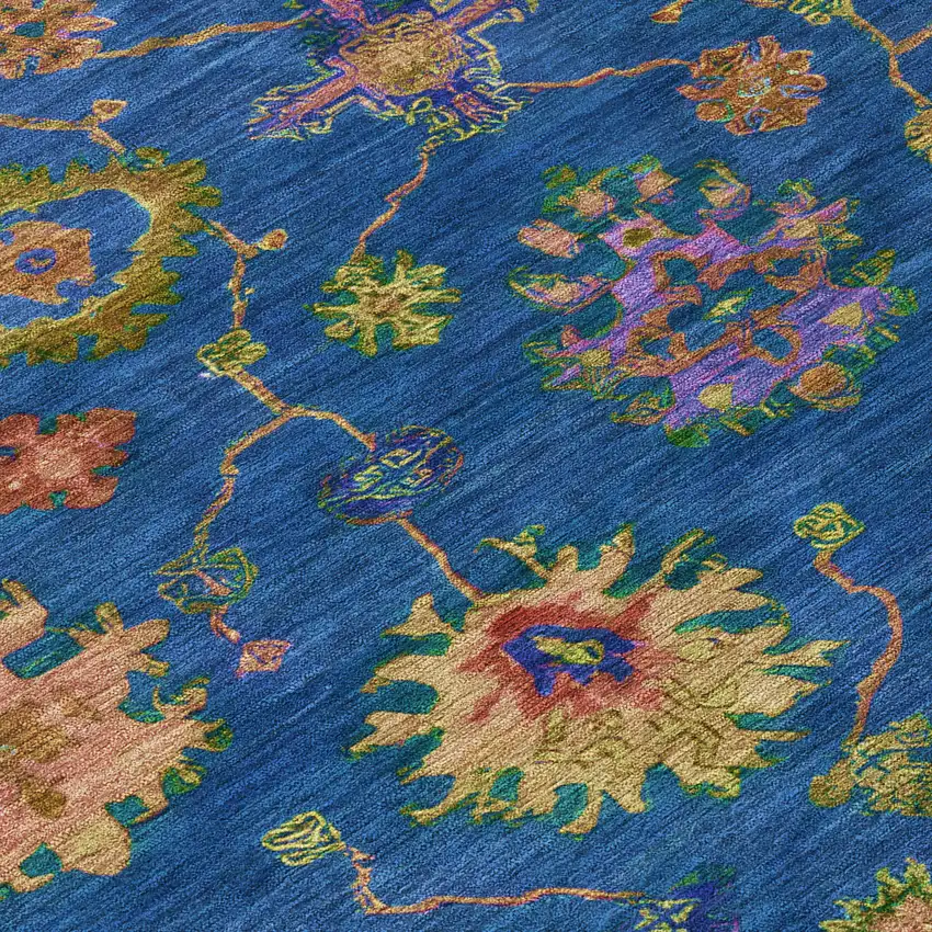 Blue And Gold Floral Washable Indoor Outdoor Area Rug Photo 6