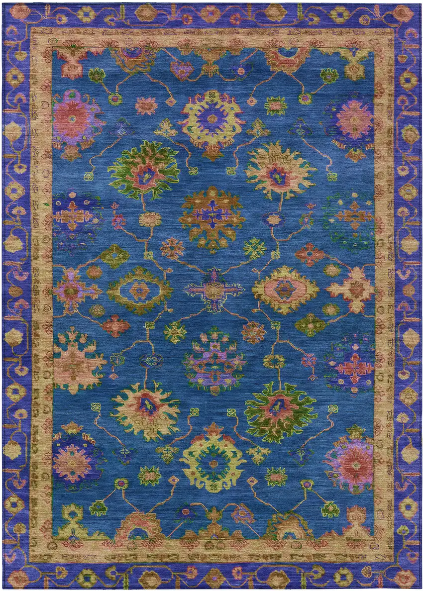 Blue And Gold Floral Washable Indoor Outdoor Area Rug Photo 1