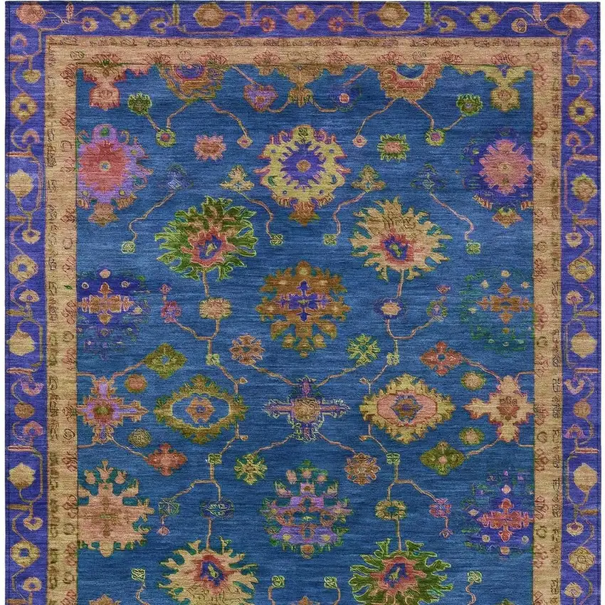 Blue And Gold Floral Washable Indoor Outdoor Area Rug Photo 7