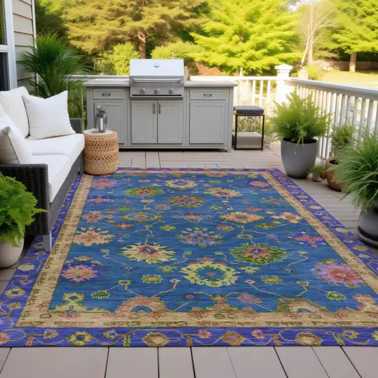 Blue And Gold Floral Washable Indoor Outdoor Area Rug Photo 5