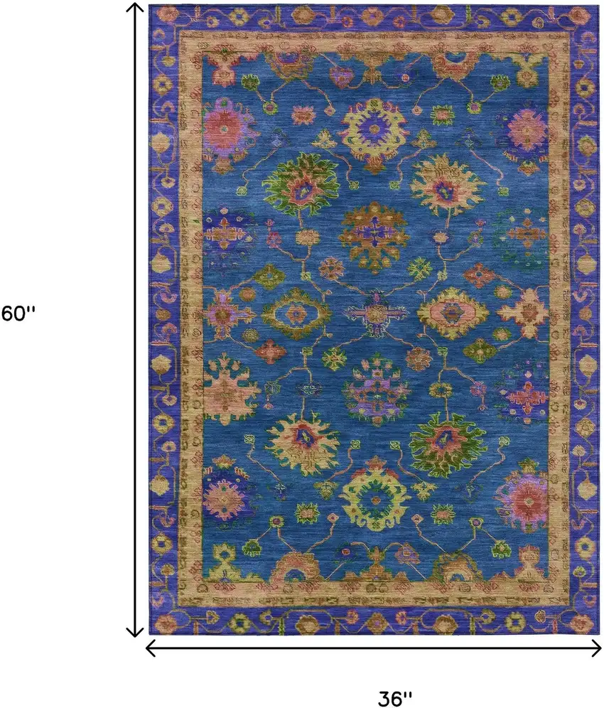 Blue And Gold Floral Washable Indoor Outdoor Area Rug Photo 9
