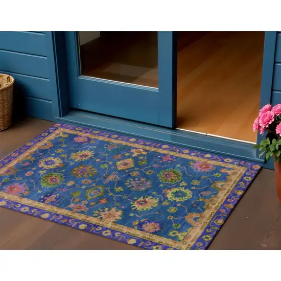 Blue And Gold Floral Washable Indoor Outdoor Area Rug Photo 2