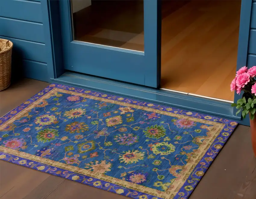 Blue And Gold Floral Washable Indoor Outdoor Area Rug Photo 2