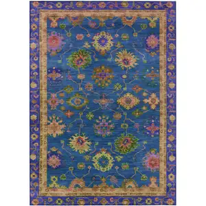 Photo of Blue And Gold Floral Washable Indoor Outdoor Area Rug