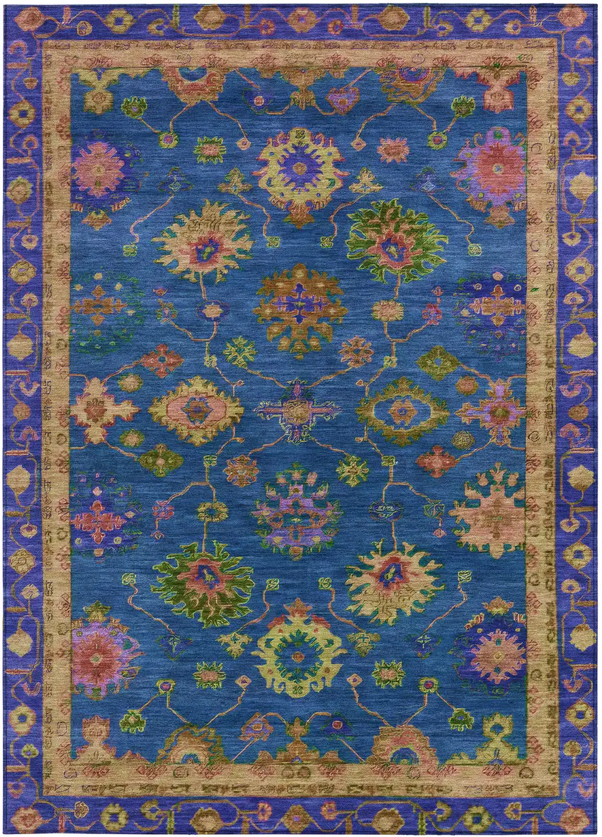 Blue And Gold Floral Washable Indoor Outdoor Area Rug Photo 3