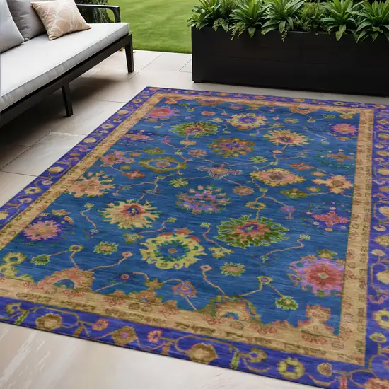 Blue And Gold Floral Washable Indoor Outdoor Area Rug Photo 2