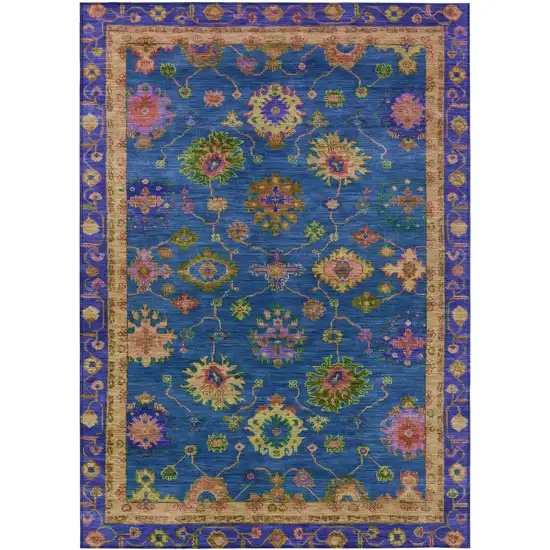 Blue And Gold Floral Washable Indoor Outdoor Area Rug Photo 1