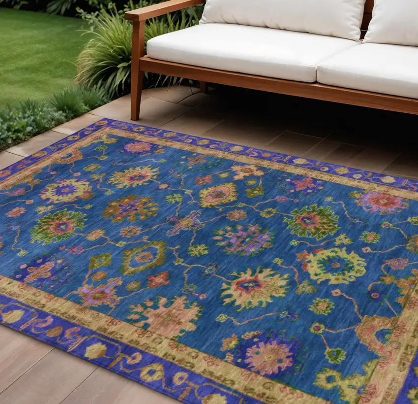Blue And Gold Floral Washable Indoor Outdoor Area Rug Photo 2